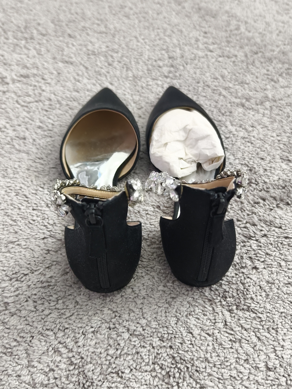 Black Pointed Toe Ankle Strap Satin Flats - Picture 2 of 3